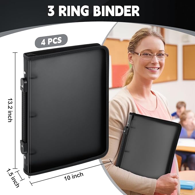 Teling 4 Pcs 1 Inch Black Zipper Binder with 3 Ring Zipper Binder, Refillable Plastic Clear File Organizer Planner for Projects, Assignments, Memos, School Work, 11.3 x 9.6 Inch