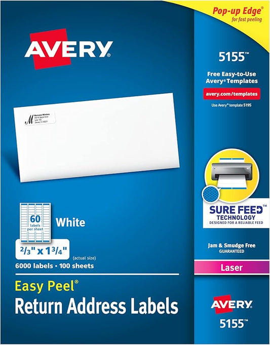 Avery Printable Return Address Labels with Sure Feed, 0.5" x 1.75", White, 6,000 Blank Mailing Labels (05155)