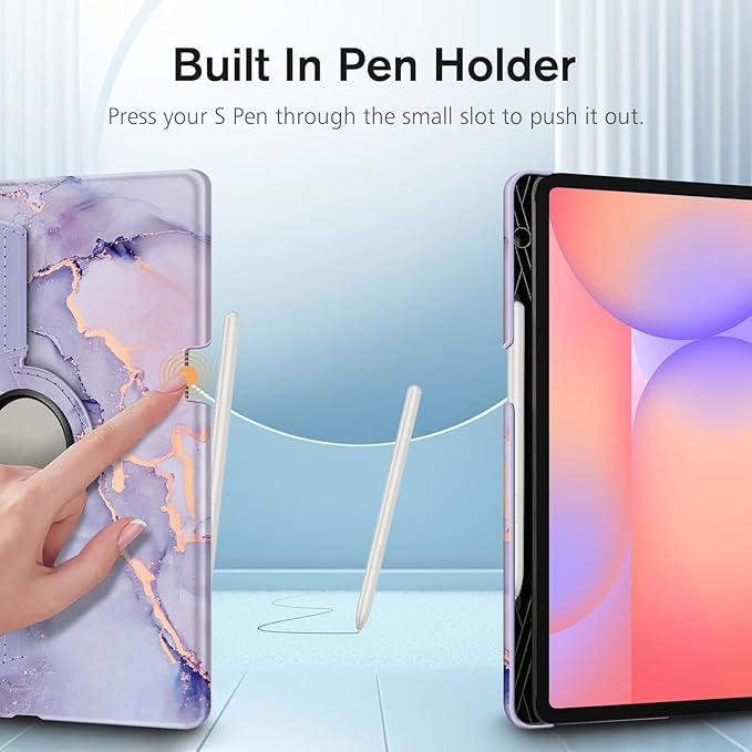 Fintie Rotating Case for Samsung Galaxy Tab S10 Lite/ S10 FE/ S9 FE 5G 10.9 Inch/Tab S9 11 Inch with S Pen Holder, 360 Degree Swiveling Stand Cover Auto Sleep/Wake, Lilac Marble