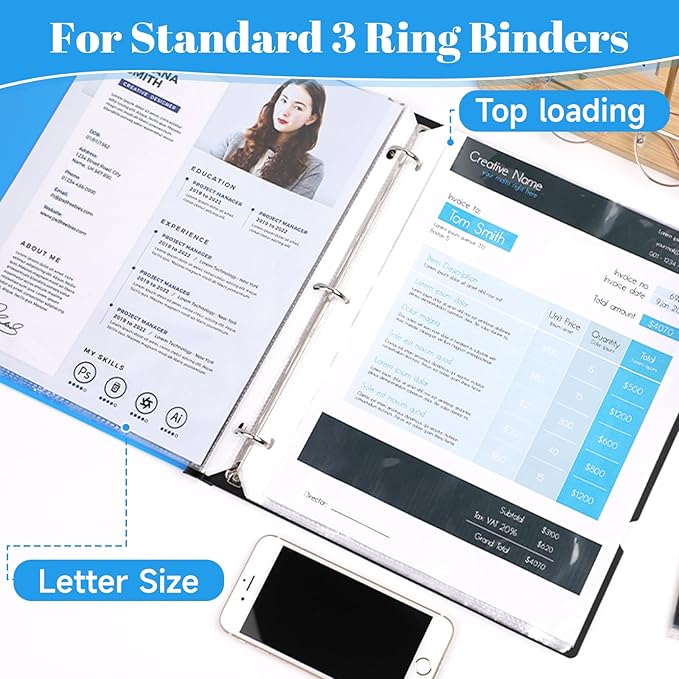 50 Pack Sheet Protectors for 3 Ring Binder - Clear Page Protectors & Plastic Sleeves for Paper 8.5x11 Inch, Binder Sleeves and Paper Protector Sheet for Document, Letter Size, Top Loading