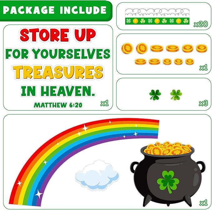 St. Patrick's Day Bulletin Board Decoration Set, March Religious Classroom Decorations Lucky Charms Shamrock Rainbow Pot of Gold Cutouts Irish Holiday Library School Home Window Door Decor for Teacher