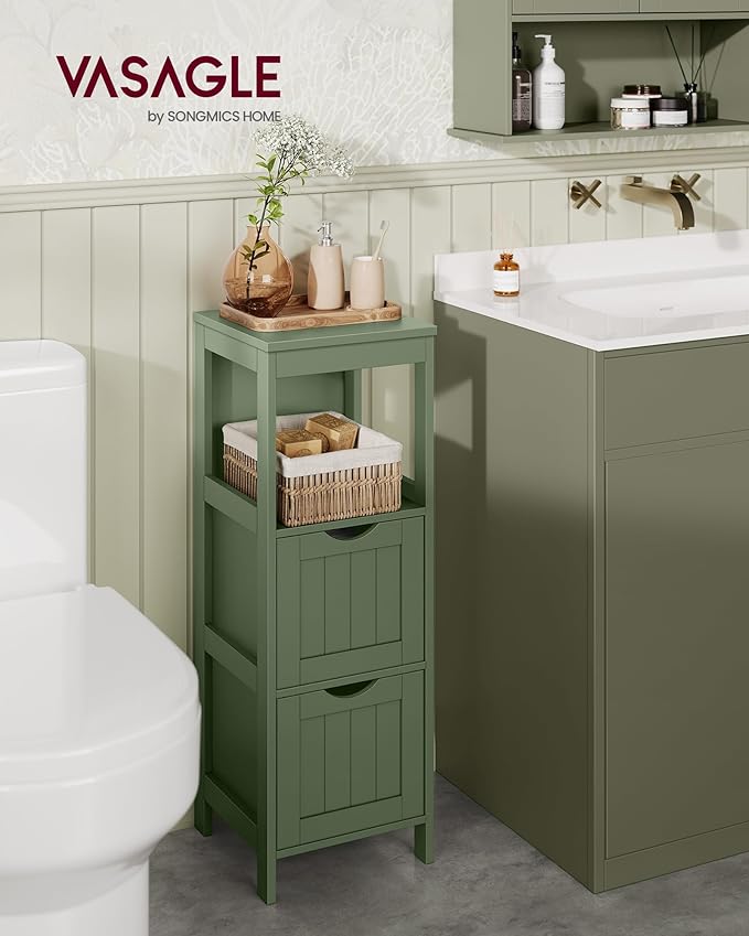 VASAGLE Storage Cabinet, Storage Organizer Rack Stand for Bathroom, Living Room, Bedroom, Multifunctional Corner Unit, 2 Drawers, 35 Inches in Height, Forest Green UBBC042C01