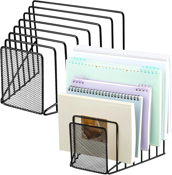 2 Pcs 7 Section Wire File Organizer for Desk, Metal Mesh Incline File Holder, Letter & Magazine Folder Rack, Desktop Paper Sorter for Home Office School (Black)