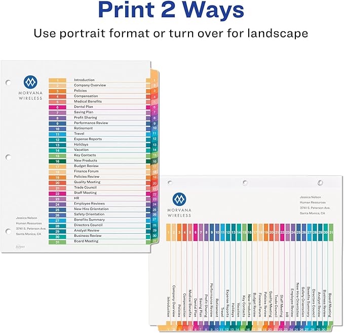 Avery 1-31 Dividers for 3 Ring Binders, 31 Tabs per Set, Customizable Table of Contents, Multicolor Tabs, Great for Organizing Reports, Projects, and More (11129)