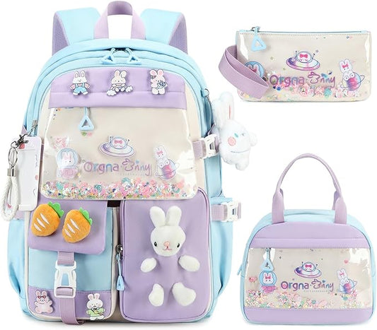 Backpack for Girls Cute Bookbag Set with Lunch Box Pencil Case Kawaii Bunny School Backpacks for Girl 3 Pcs Kindergarten Elementary Preschool Middle Sequin School Bag for Girls (Blue)
