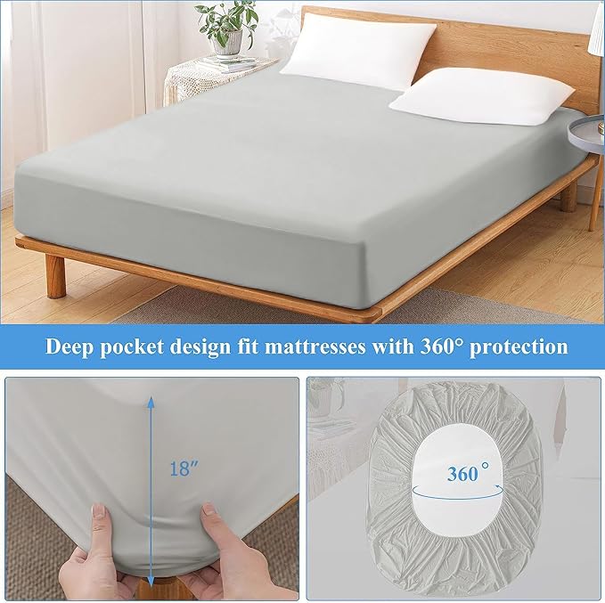 2 Pack Full Premium Waterproof Mattress Protector, Soft Breathable Mattress Pad, Noiseless Waterproof Bed Cover - Stretch to 21" Fitted Deep Pocket Mattress Protection Cover - Light Grey