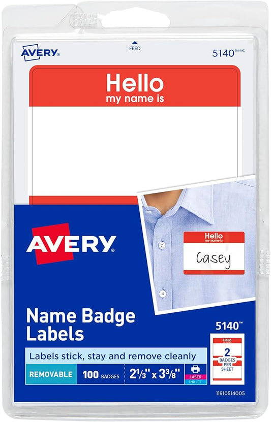 Avery Customizable Name Tags, Hello My Name is, White, Red Border, Removable Adhesive, Laser/Inkjet Printable, 100 Total (5140)