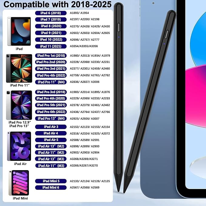 Stylus Pen for Active Pens 11th&10th Gen 2Pack iPad Pencil with Palm Rejection Pen for iPad 11th A16/10/9/8/7/6th gen,Pro 13"/11"/12.9"/M4,Air 6th/5/4/3/M2/M3,iPadMini 5/6/7 Gen 2018-2025