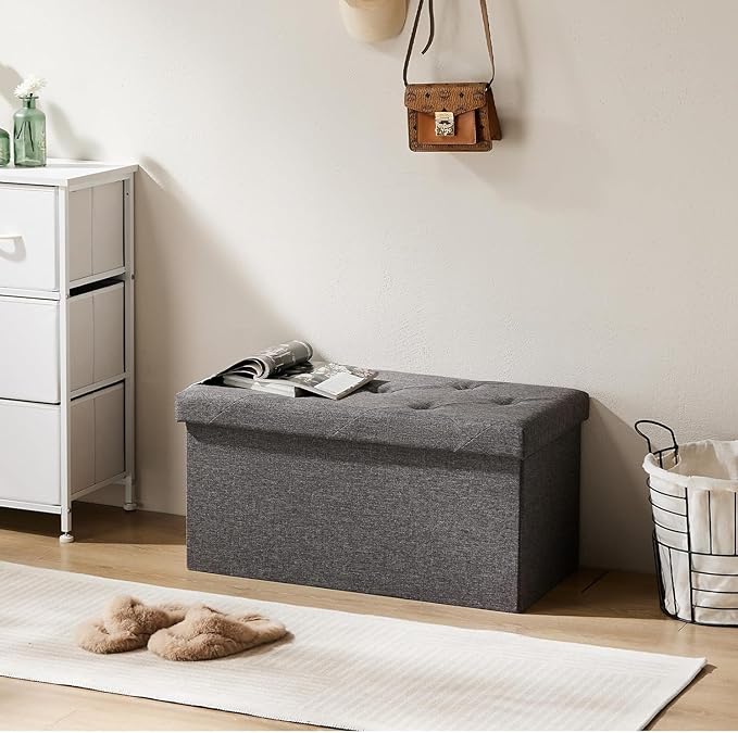 43 Inches Folding Storage Ottoman Bench, Ottoman Foot Rest, Storage Chest, End of Bed Foot Rest Stool with Padded Seat for Living Room, Bedroom, Entryway, Support 660lbs, Linen, Grey