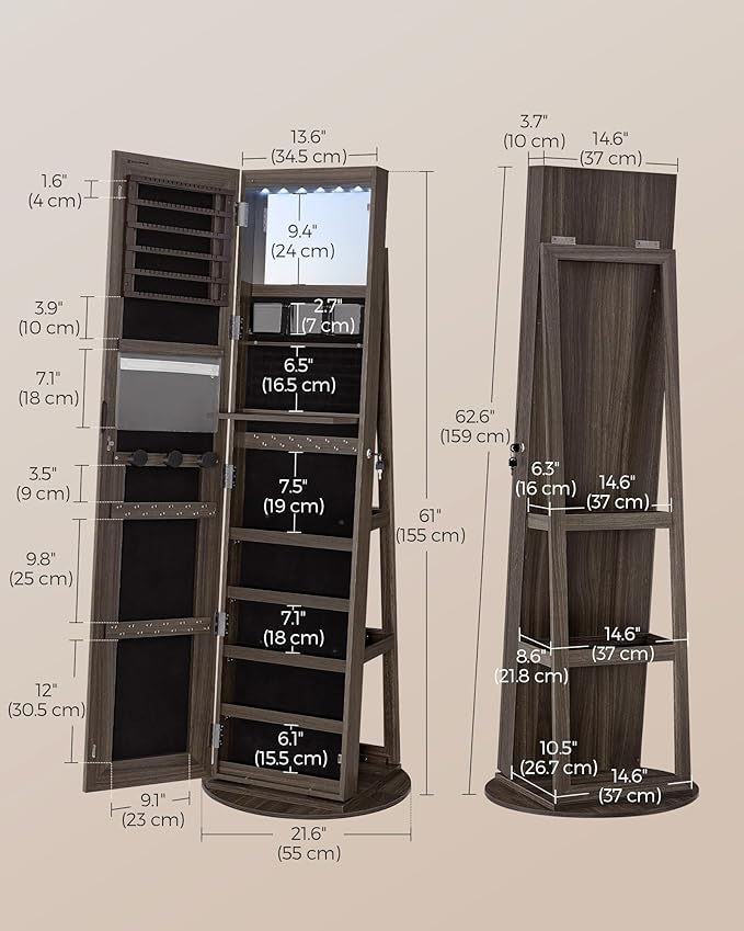 SONGMICS LED Jewelry Cabinet Standing, Lockable Armoire With Full-Length Mirror and Adjustable Lights, Space-Saving Organizer, Gift Idea, Ash Brown UJJC008K02