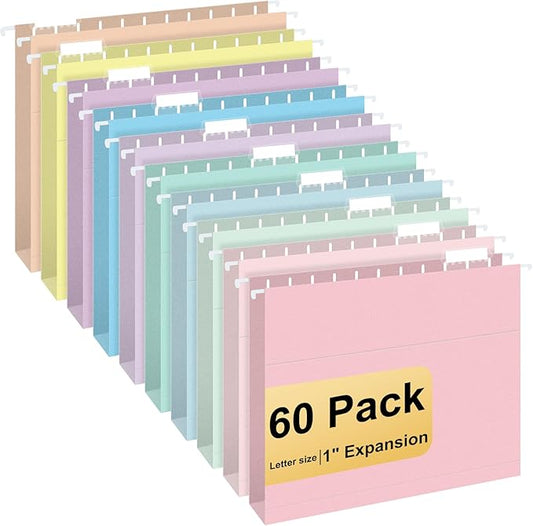 Hanging File Folders, 60 Pack Letter Size Hanging File folders with 1/5-cut Tabs, Stay Organized for Your Home and Office Bulk File, Documents and Paper, Macaron 10 Colors