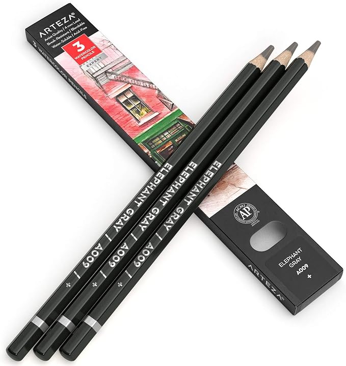 Arteza Professional Watercolor Pencils, Pack of 3, A009 Elephant Gray, Water-Soluble Pencils for Coloring, Blending, Layering & Watercolor Techniques