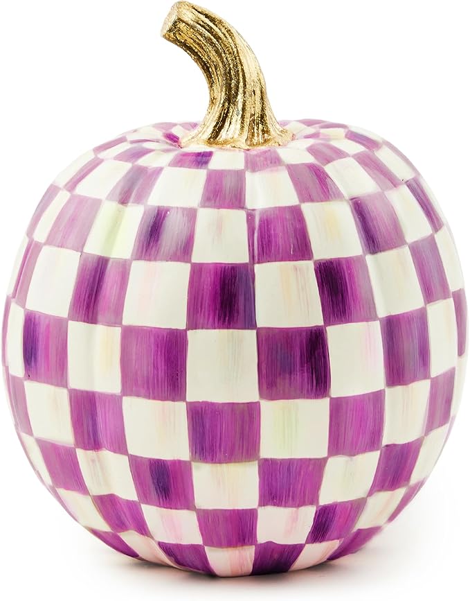 MACKENZIE-CHILDS Small Pumpkin, Resin Halloween Home Decor, Purple-and-White Plum Check