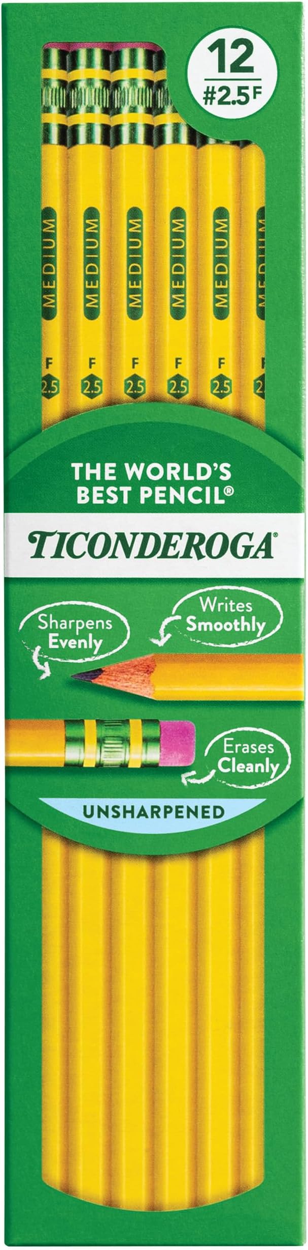 Ticonderoga Wood-Cased Pencils, Unsharpened, #2.5 F Medium, Yellow, 12 Count