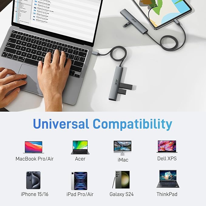 Acer USB C Hub 5 in 1 with 4K HDMI, 100W Power Delivery, 3 USB A Data Ports, USB C to HDMI Multiport Adapter for Laptop, PC, Tablet, MacBook Pro/Air, iPad Air/Pro, iMac, iPhone 15/16 Pro/Pro Max (2ft)