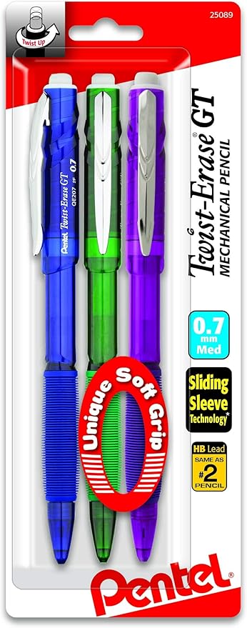 Pentel Twist-Erase GT (0.7mm) Mechanical Pencil, Assorted Barrel Colors, Color May Vary, Pack of 3 (QE207BP3M)
