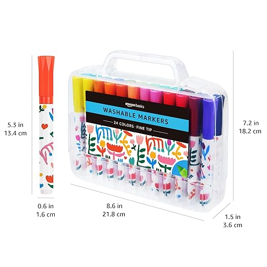 Amazon Basics Washable Markers for Kids, Fine Tip Assorted Colors, Non-Toxic Drawing and Coloring School Supplies Set, Pack of 24