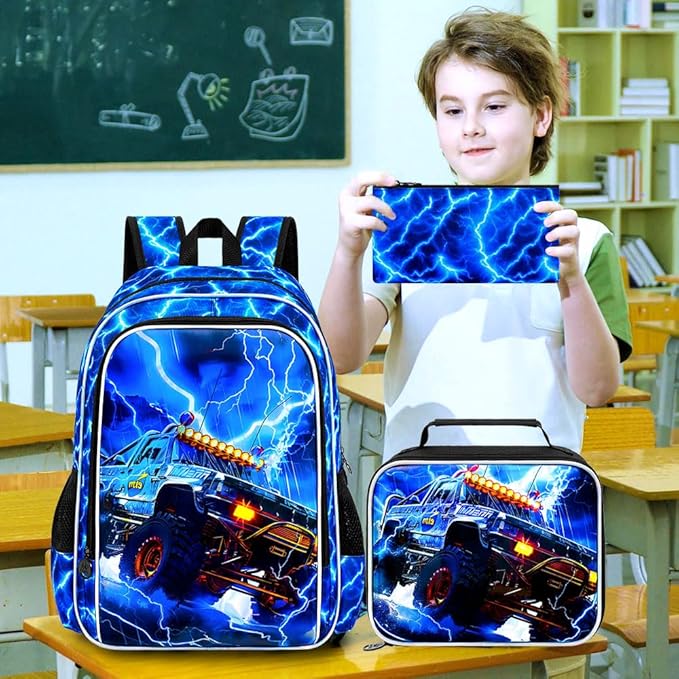 KLFVB 3PCS Kids Backpack Set, 17" Boys Truck Bookbag and Lunch Box, Water Resistant School Backpacks for Teenagers Middle Elementary - Lightning Truck