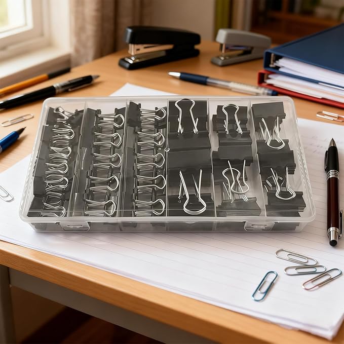 110PCS Black Binder Clips Assorted Sizes,4 Sizes Large Medium Small Mini Paper Clamps Set, Office Supplies Desk,Cute Office Paper Clips for Home School Office Supplies Organizing (Black)
