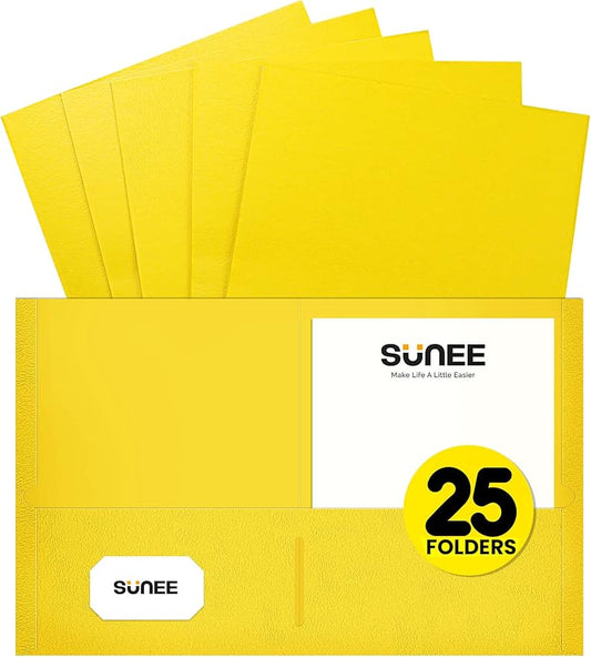 SUNEE Folders with Pockets(25 Pack, Yellow), 2 Pocket Folders Fit Letter Size Paper, Paper File Folder for School Office Home Business