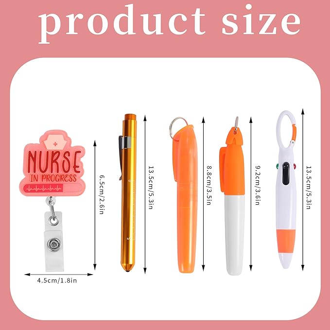 Student Nurse Pen Set Badge Reel Holder Accessories Clip, Retractable Mini Nursing Pen & Light Tool Set， Highlighter pens and Highlighter pens（Orange）
