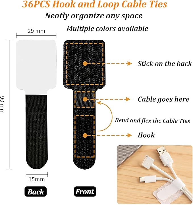 36PCS Cable Organizer Hook and Loop Cable Ties, Self Adhesive Hook and Loop Cable Straps Sticky-back Cable Management Cord Organizer Cable Clip for Household & Office Essentials (Black*36)
