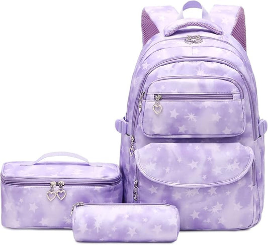 Girls Backpack with Lunch Box for Elementary Middle School,17 Inch Purple Lightweight School Backpack with Lunch Bags Set for Girls