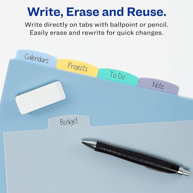 Avery Big Tab Write & Erase Durable Plastic Dividers for 3 Ring Binders, 5-Tab Set, Pastel Multicolor, 1 Set (16170)