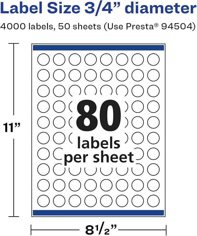 Avery Glossy White Round Labels, Sure Feed Technology, 3/4" Diameter, 4,000 Glossy White Labels, Print-to-The-Edge, Permanent Adhesive, Laser/Inkjet Printable