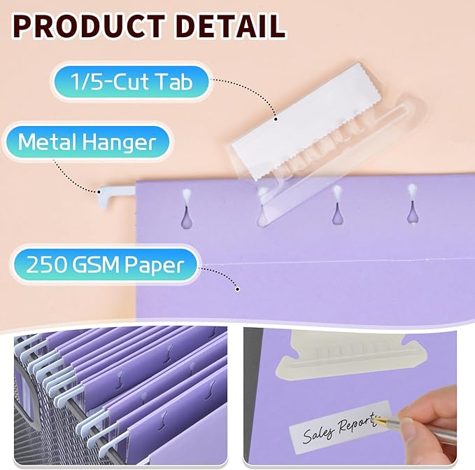 25-Pack Light Purple Hanging File Folders, Letter Size, Includes 35 Transparent Label Cards & 50 Sticker Labels,1/5-Cut Tabs for Home & Office Organization