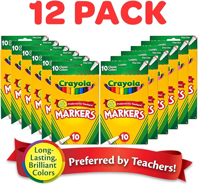 Crayola Fine Line Markers for Kids (12 Boxes), Bulk Coloring Markers for School, 10 Assorted Colors, Essential Teacher Classroom Supplies, Ages 3, 4, 5