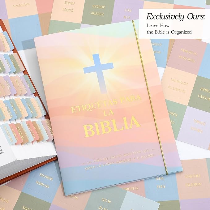 Spanish Bible Tabs, Multicolor 66 Gold Foil Lettering Chapter Labels + 39 Blank Tabs for DIY, Includes Alignment Ruler, Bible Index Stickers in Spanish, Bible Journaling Supplies for Women Study