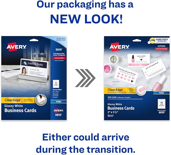 Avery Clean Edge Printable Business Cards with Sure Feed Technology, 2" x 3.5", Glossy White, 200 Blank Cards for Inkjet Printers (8859)