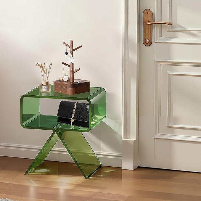 VEVOR Acrylic Nightstand Side Table, Modern Clear End Table with Storage Shelf, Transparent Small Bedside Table for Bedroom, Home Decor, Living Room, No Assembly Needed, Green