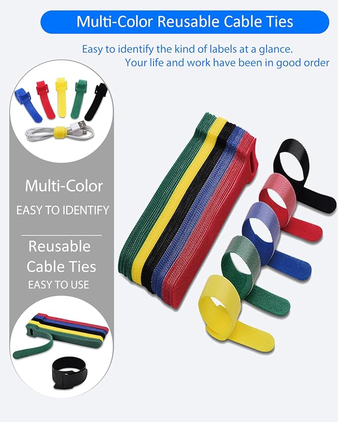 120 Pack Reusable Cable Ties 6 Inch - Adjustable Multi-Color Cord Ties & Cable Straps for Wire Management - Hook and Loop Cord Organizer for Electronics, PC & Desk - Strong Grip Zip Tie Alternative