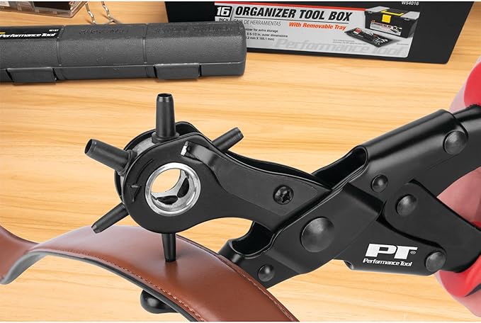 Performance Tool W7554 Double Hinged Hole Punch Tool with 6 Punch Sizes and Adjustable Tension for Belts, Upholstery, and More