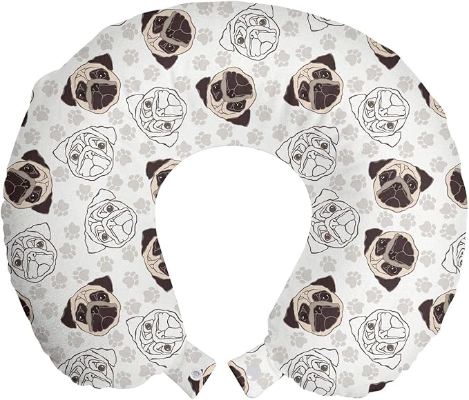 Ambesonne Dog Travel Pillow Neck Rest, Pug Portraits Traces Paw Print Background Canine Pet Illustration Mammal Animal, Memory Foam Traveling Accessory for Airplane and Car, 12", Beige Brown Tan