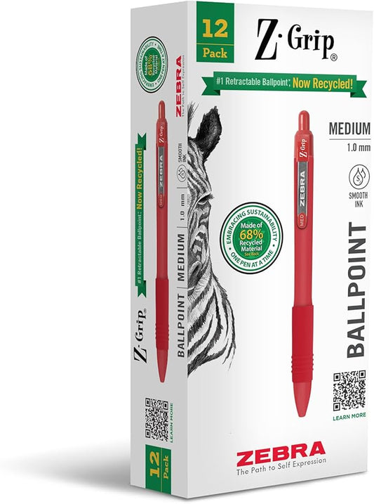 Zebra Pen Z-Grip Recycled Retractable Ballpoint Pens,1.0mm, Red Ink, Durable Metal Clip, 68% Recycled (GRS Certified; Global Recycled Standards), School & Office Supplies, 12-Pack (20630)