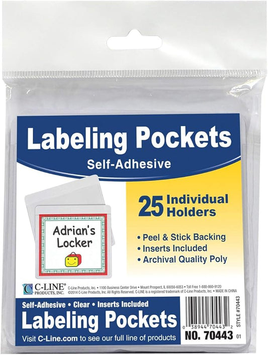 C-Line-70443 Self-Adhesive Labeling Pockets, Pack of 25, 3-1/2 x 2-3/4 in