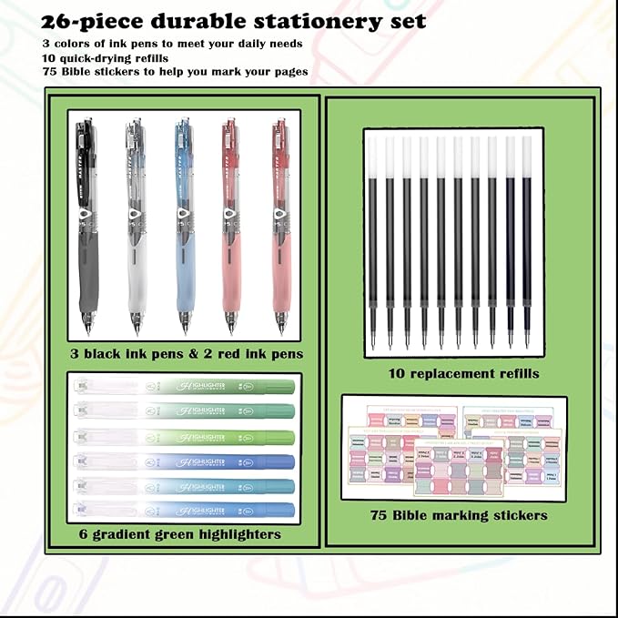 CHANGLi Bible Study Gel Pen Set with Highlighters-3 Black 2 Red Gel Pens, 6 Dual-Tip Pastel Highlighters, 75 Bible Index Tabs&10 Refills-No Bleed, Smooth Writing-Perfect Christian Gift for Journaling