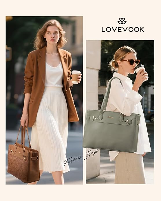 LOVEVOOK Laptop Tote Bag for Women Work, Teacher Tote Bag with Large Cup Holder, 15.6 Inch Waterproof Leather Computer Bag