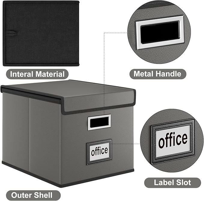 Huolewa Portable Leather File Organizer Boxes with Lids, Office Document Boxes Organizer, Filing Boxes, Decorative Small File Boxes for Hanging Files with Plastic Slide for Office/Decor/Home