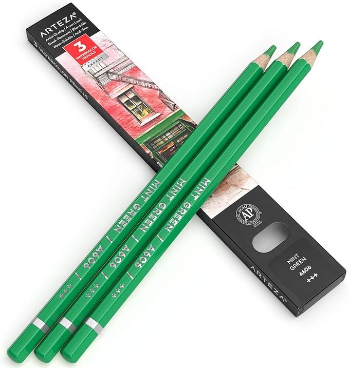 Arteza Professional Watercolor Pencils, Pack of 3, A606 Mint Green, Water-Soluble Pencils for Coloring, Blending, Layering & Watercolor Techniques