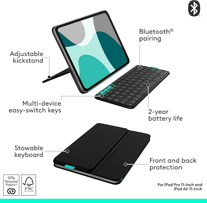 Logitech Flip Folio, Keyboard Case for iPad Pro 13-inch (M4 & M5) & iPad Air 13-inch (M2, M3 & M4) (2024, 2025 & 2026) - Protective & Stowable Bluetooth Keyboard Case, Multi-Device - Midnight Black