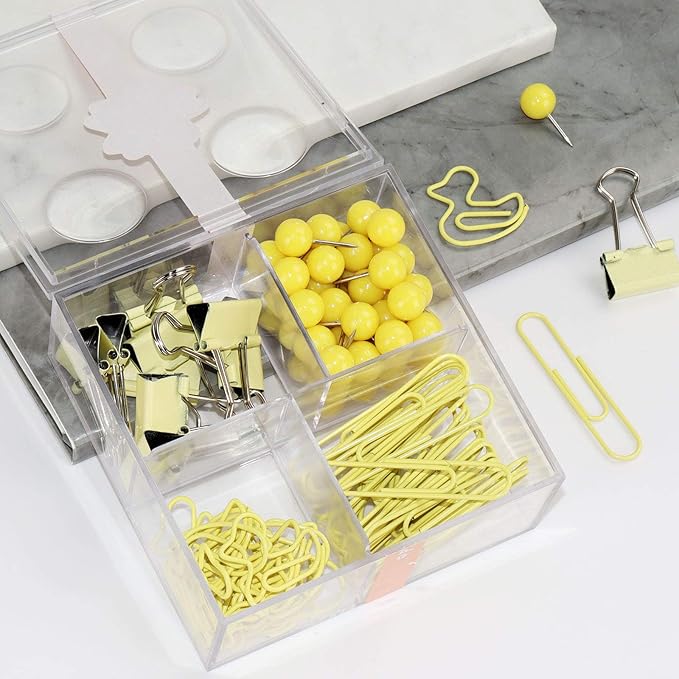 Cute Thumb Tacks Paper Clip Binder Clips Push Pins Set Assorted Size Metal Clips in Plastic Holder Decorative Desk Accessorries (Yellow)