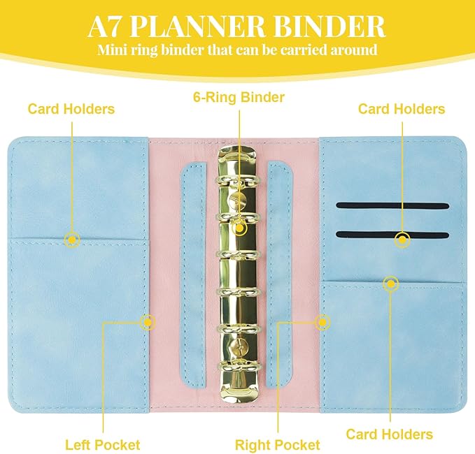 A7 Binder Refillable Planner Notebook 6 Ring, Portable Leather Organizer with Zippered Pocket, To-Do & Blank Refill Papers, Dividers, Monthly Sticker, Pen, for Students, Professionals, Travel (Sky Blue & Pink)