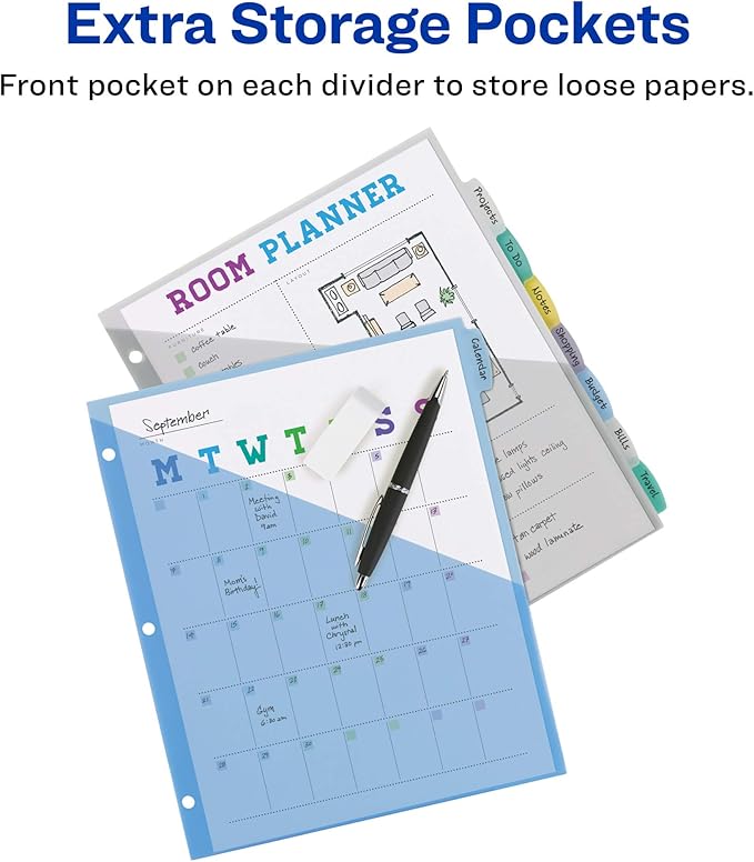 Avery Write & Erase Pocket Plastic Dividers for 3 Ring Binders, 8 Tab Sets, Multicolor, Works with Sheet Protectors, 3 Sets (31701)