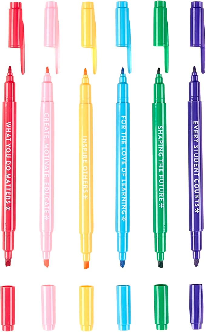 Erin Condren Dual Tip Markers, Colorful and Versatile Marker Set for Journals, Planners, and Note-Taking, Includes Fine Tip and Medium Tip, Teacher Motivational Quotes, Set of 6