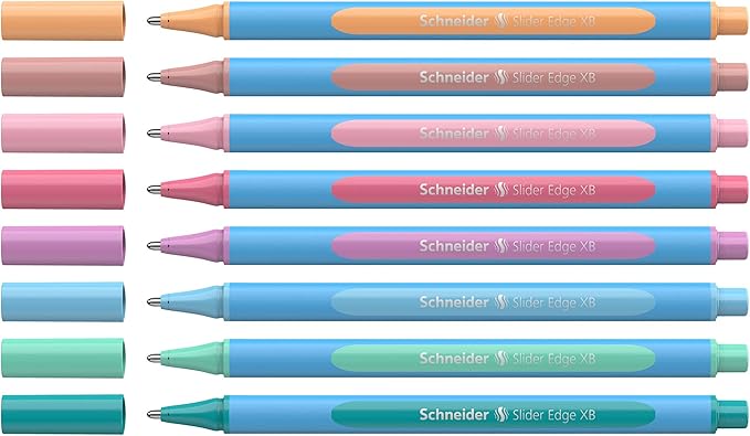 Schneider Slider Edge Pastel XB (Extra Broad) Ballpoint Pen, 1.4 mm, Light Blue Barrel, Assorted Ink Colors, Adjustable Case Stand of 8 Pens (152289)