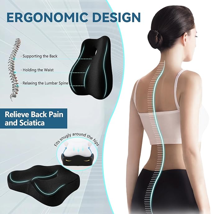 Seat Cushion & Lumbar Support Pillow Set for Office Chair, Ergonomic Pillow for Sciatica Pain Relief, Memory Foam Back Support Pillow & Chair Cushion for Car seat, Desk Chair (Black)